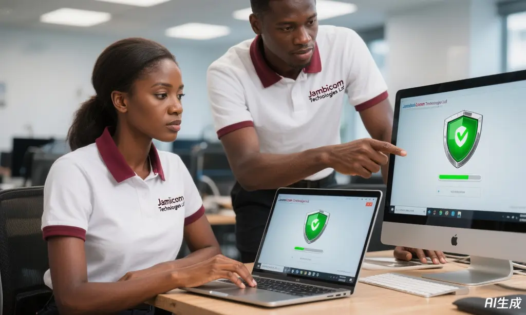 Jambicom engineers checking antivirus protection on a laptop and desktop