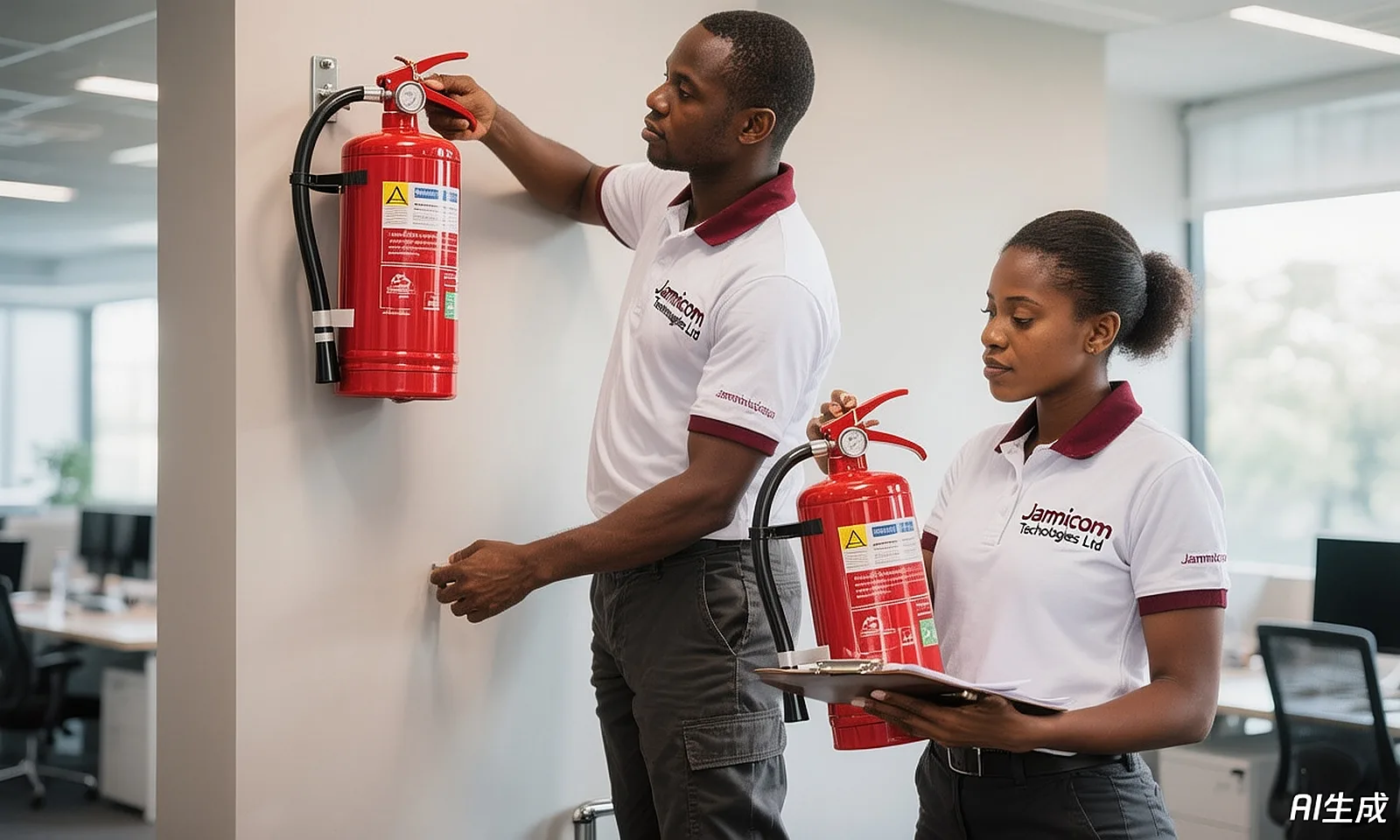 Jambicom engineers fitting a wall-mounted fire extinguisher