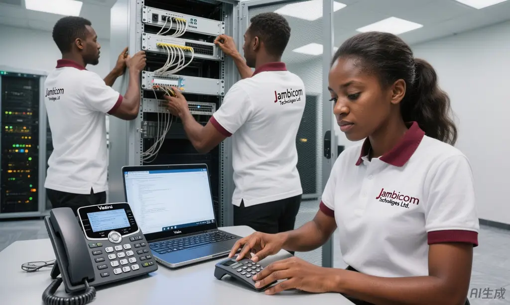 Jambicom engineers working on patch panels beside an IP desk phone and laptop