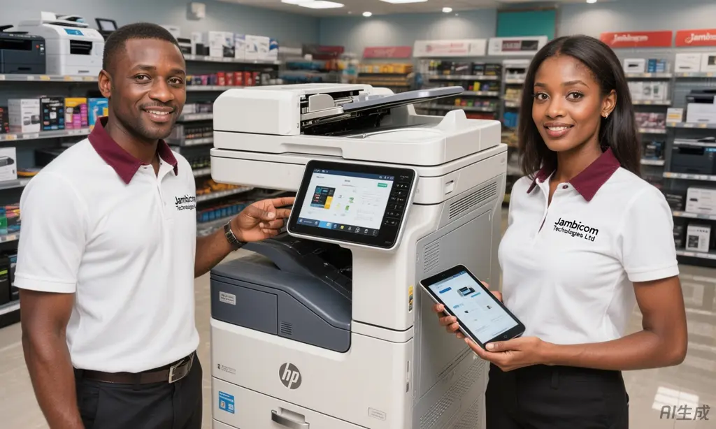 Jambicom engineers beside an enterprise network printer