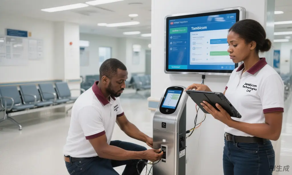 Jambicom engineers installing a queue management kiosk and display in a hospital waiting area