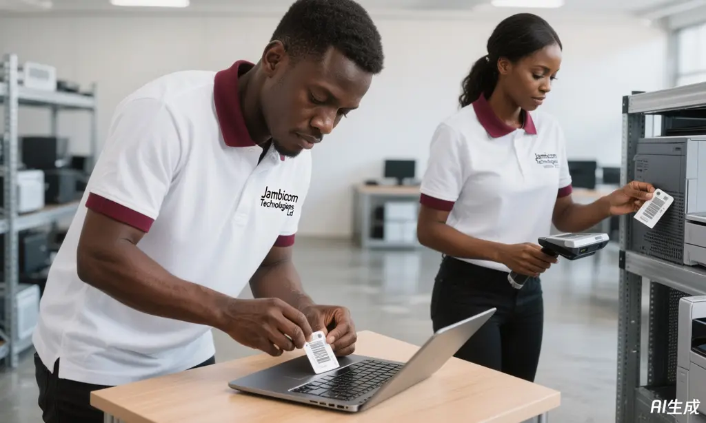 Jambicom engineers fixing barcode labels to a laptop and scanning equipment